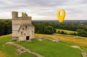 Bright yellow animated pin dropped within picture of Newbury