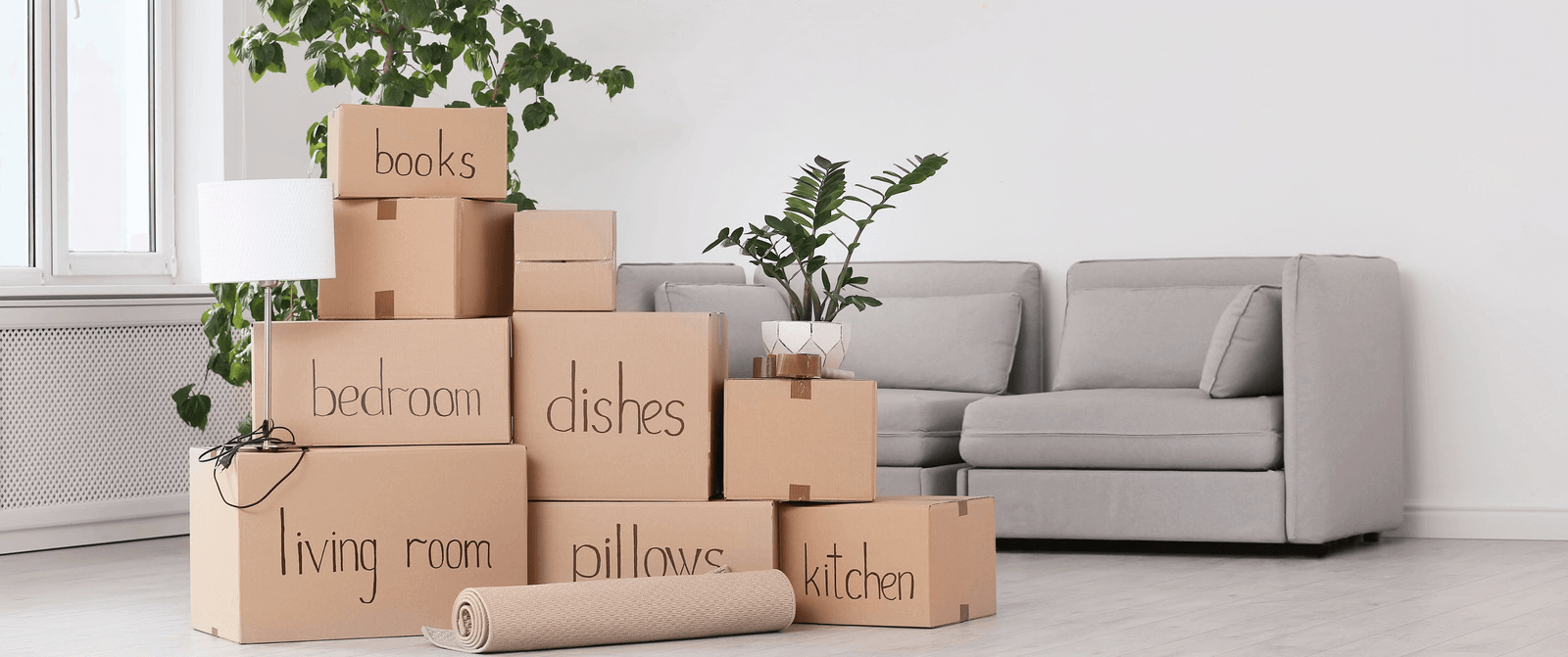 A pile of labelled cardboard boxes in a living room ready to move house.