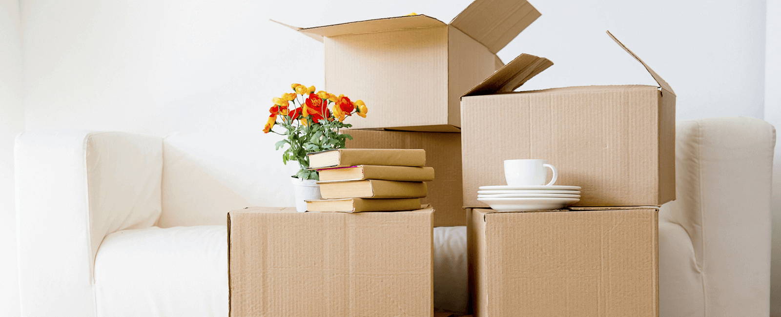 Cardboard boxes with books, flowers and a cup and saucer sat on top ready to be packed.