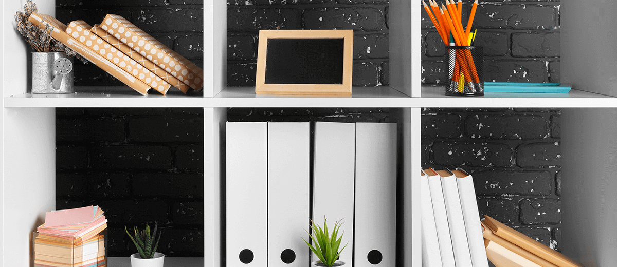 square open cupboards with office paperwork organised