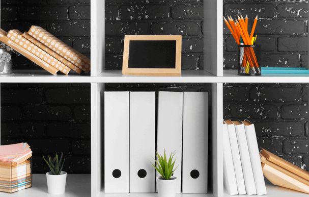 square open cupboards with office paperwork organised