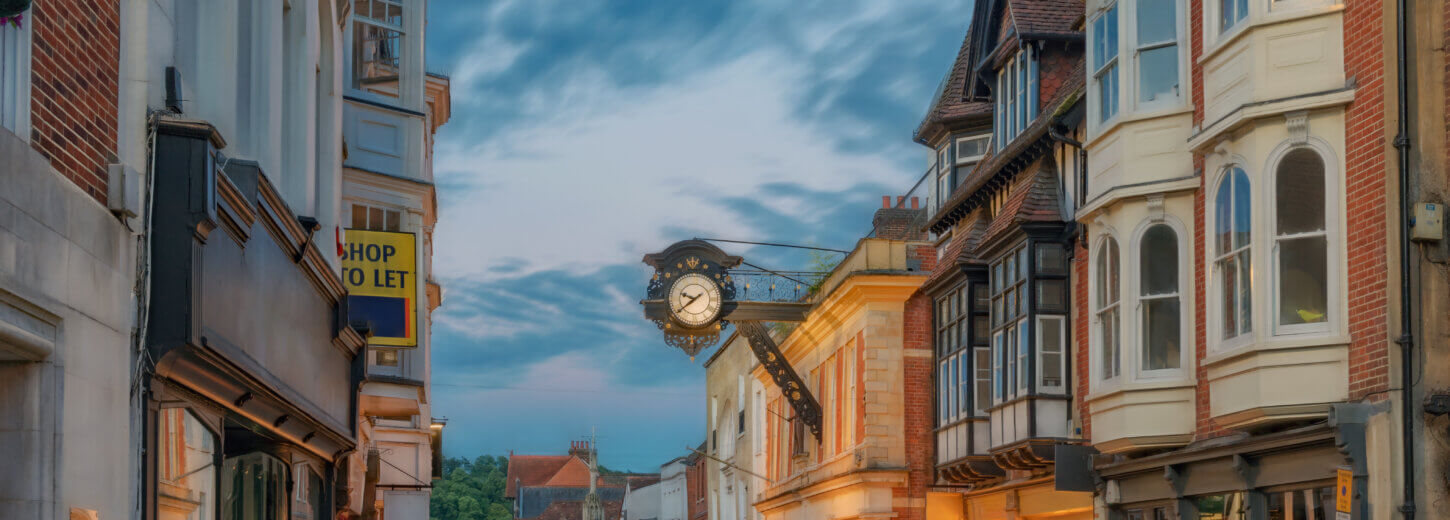 Winchester,City,Centre,High,Street,At,Night,During,Mid-summer