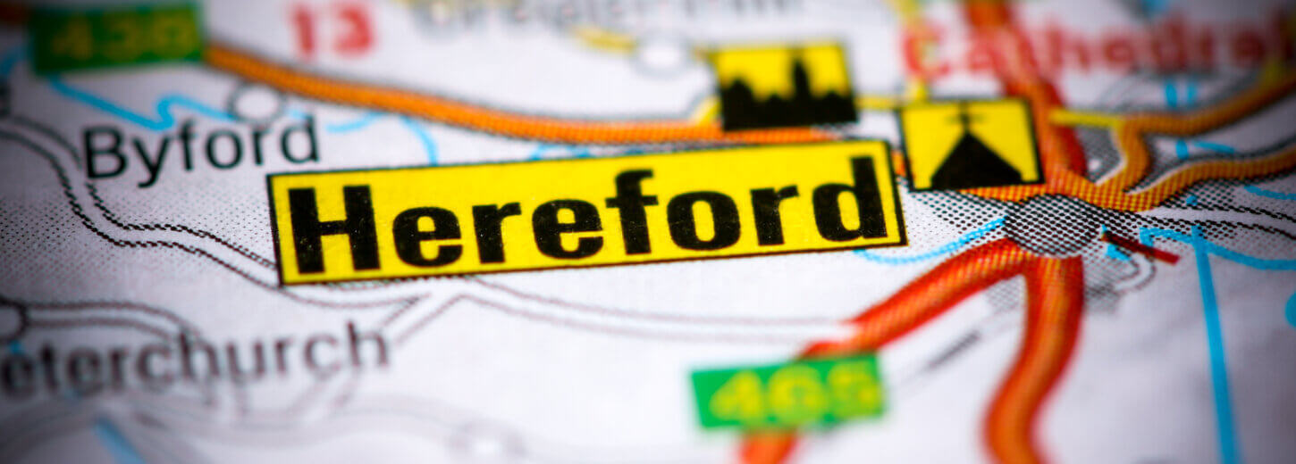 An image of a map with the word 'Hereford' in a large font.